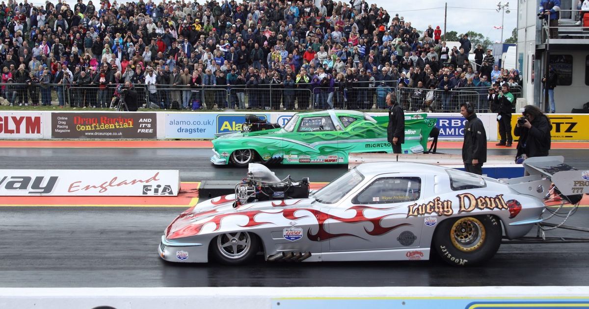 a dragster launching in a straight line, contrasted conceptually against a drifting car's sideways slide