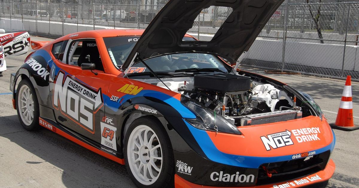 The engine bay of a purpose-built competition drift car