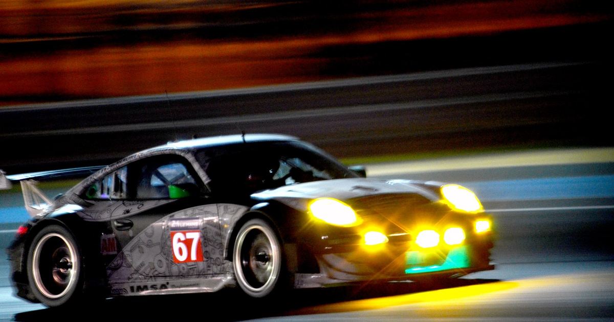 an endurance racing car at night with headlights illuminated, contrasted conceptually against a daytime F1 image