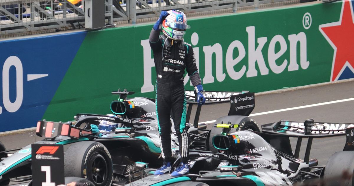 Kimi Antonelli celebrates a 2026 Grand Prix win with Mercedes