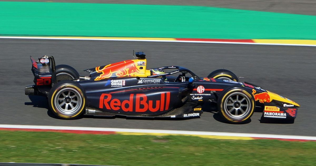 A Formula 2 car at speed, illustrating F1's direct feeder championship