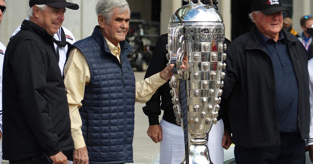 Rick Mears, Al Unser and A.J. Foyt together with the Borg-Warner Trophy at the Indianapolis 500