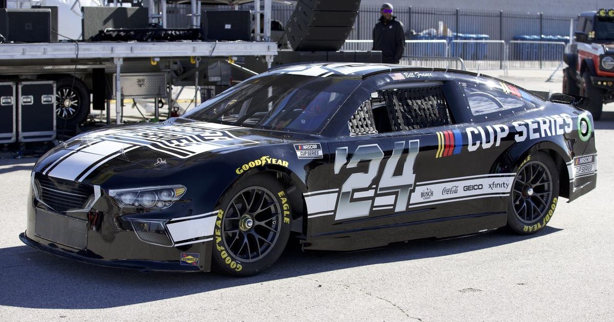 A NASCAR Next Gen car racing at Las Vegas Motor Speedway