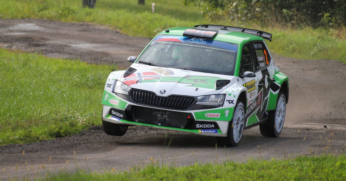 A Skoda Fabia Rally2 evo competing at the 2021 Barum Czech Rally Zlin