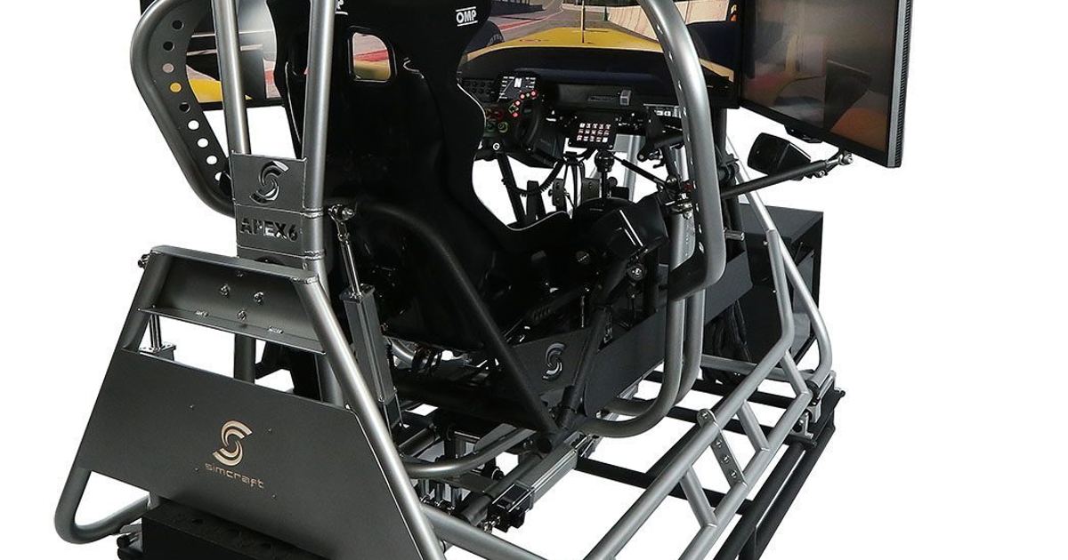 a modern sim racing setup or esports competition, contrasted conceptually with the hobby's simple arcade origins