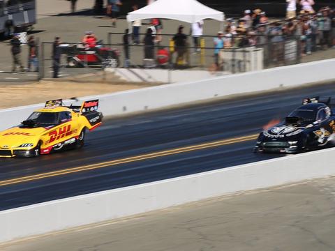 a historic drag racing photograph illustrating the sport's early or mid-century origins
