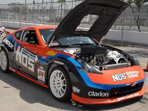 The engine bay of a purpose-built competition drift car