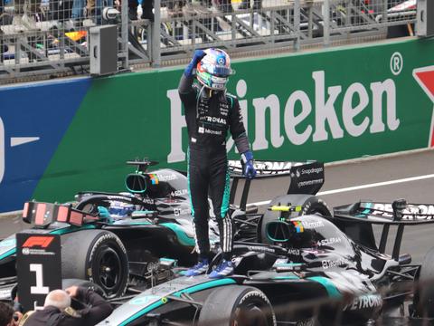 Kimi Antonelli celebrates a 2026 Grand Prix win with Mercedes