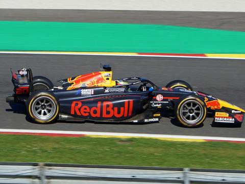 A Formula 2 car at speed, illustrating F1's direct feeder championship