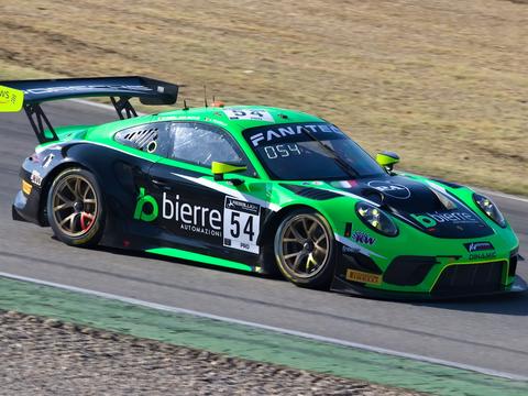 A Porsche 911 GT3 R racing at the 2022 GT World Challenge Europe round at Hockenheim