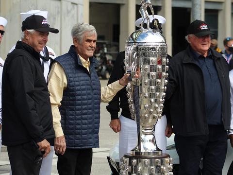 Rick Mears, Al Unser and A.J. Foyt together with the Borg-Warner Trophy at the Indianapolis 500
