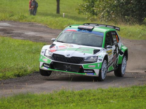 A Skoda Fabia Rally2 evo competing at the 2021 Barum Czech Rally Zlin