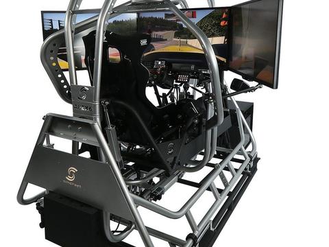 a modern sim racing setup or esports competition, contrasted conceptually with the hobby's simple arcade origins