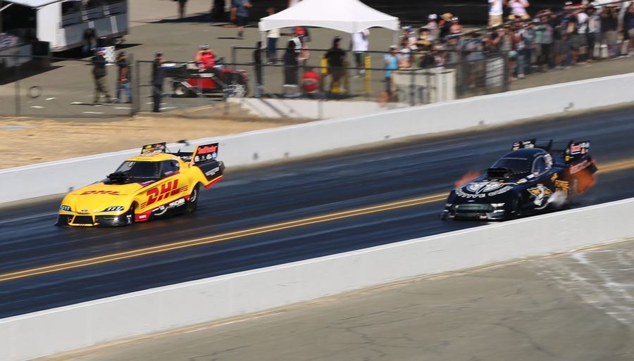 a historic drag racing photograph illustrating the sport's early or mid-century origins