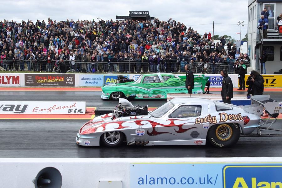 a dragster launching in a straight line, contrasted conceptually against a drifting car's sideways slide