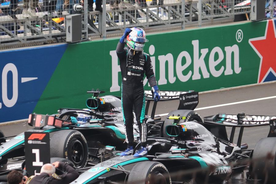 Kimi Antonelli celebrates a 2026 Grand Prix win with Mercedes