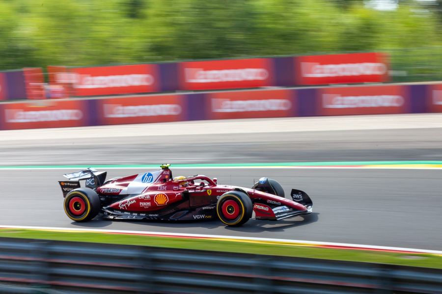 Lewis Hamilton at the 2025 Belgian Grand Prix weekend in Ferrari colors