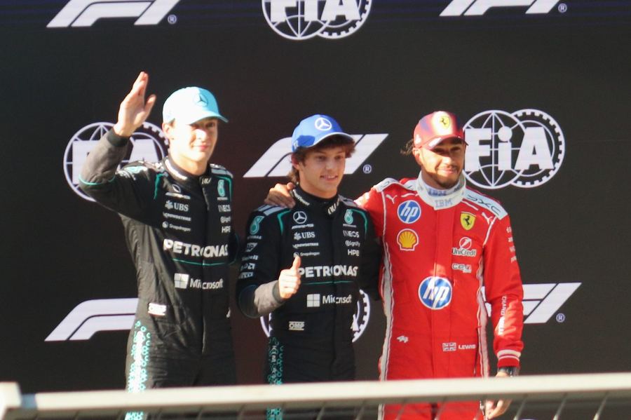George Russell, Kimi Antonelli and Lewis Hamilton together after 2026 Chinese Grand Prix qualifying