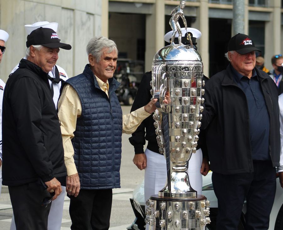 Rick Mears, Al Unser and A.J. Foyt together with the Borg-Warner Trophy at the Indianapolis 500