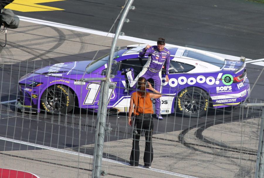Denny Hamlin celebrates a 2026 NASCAR Cup Series win
