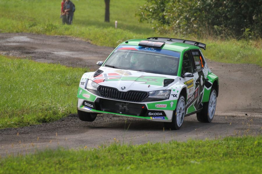 A Škoda Fabia Rally2 evo competing at the 2021 Barum Czech Rally Zlín, illustrating Rally2's production-based construction one tier below WRC's top class