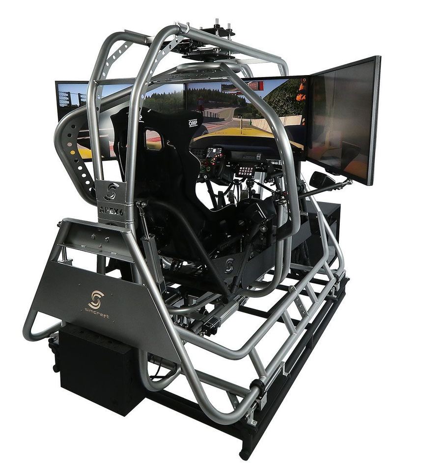 a modern sim racing setup or esports competition, contrasted conceptually with the hobby's simple arcade origins